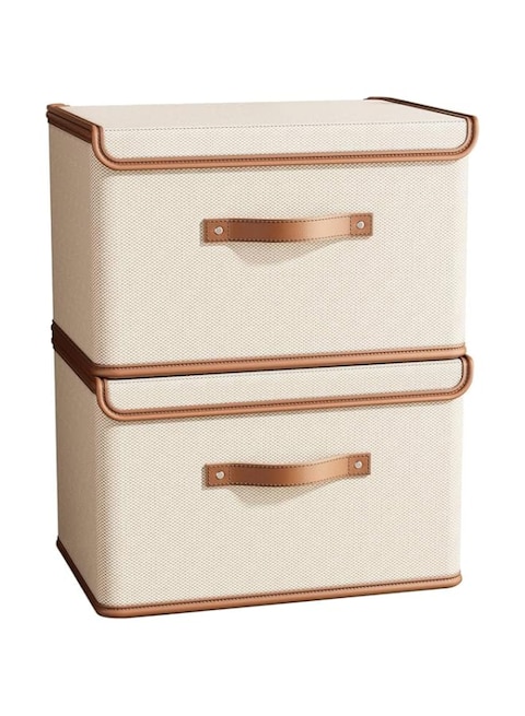 ANTOLE 2 Pack Storage Bins with Lids，Foldable Lidded Cotton Linen Fabric Home Cubes Baskets Closet Organizer Containers,Decorative Storage Boxes with Lids for Organizing Clothes, Blanket (Beige)