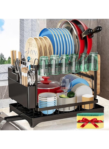 Dish Drying Rack, Multifunctional Dish Rack, Rustproof Kitchen Dish Drying Rack with Drainboard, Space-Saving 2-Tier Dish Drying Rack with Utensil Holder &amp; Cup Holder for Kitchen Counter (Black)