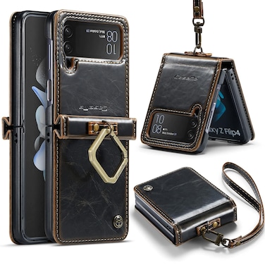 جراب Mobcos Caseme Samsung Galaxy Z Flip 4 Horse المصنوع من جلد PU البني القابل للطي بتصميم كلاسيكي مع حلقات مسند وحزام يد