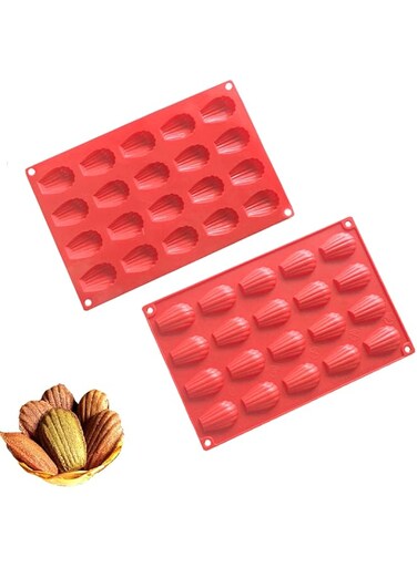 Duomama Silicone Madeleine Pan Cake Mold, Non-Stick 20-Cavity Shell Shape Baking Mold for Chocolate, Cookies, Desserts, Soap, Red Color, 2 Pack