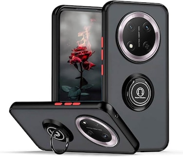 Honor X9C Case Flexible Silicone Protective Bumper, Camera Protection Thin Translucent Shockproof Matte Back Cover with 360 rotational Car Mount Magnetic Ring Holder For Honor X9C 5G 2024 (Black)