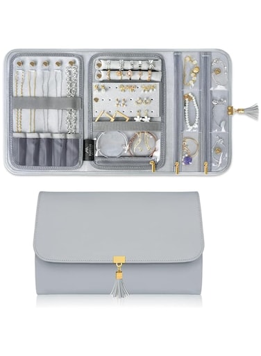 Portable Jewelry Organizer, Travel Jewelry Storage Case for Women Jewelry Pouch Tangle Free Jewelry Storage Roll Bag with Waterproof &amp; Lightweight for Necklaces/Rings/Earrings/Bracelets (Grey)