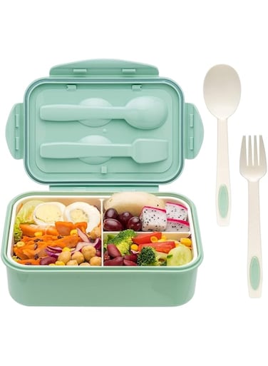 Khazna Bento Box, 3 Compartments 1402ml Lunch Box For Kids and Adults with Reusable Spoon and Fork, Leakproof Food Container for On the Go Meal, Microwave Safe (Green)