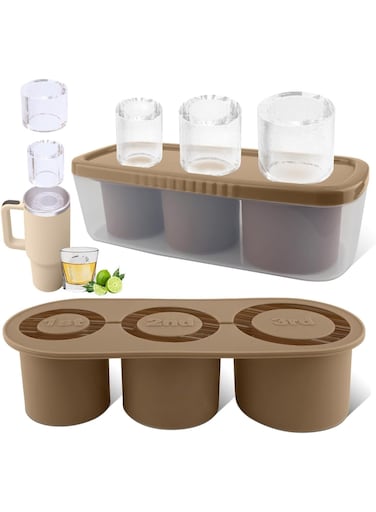 Ice Mold, Ice Cube Tray With Lid and Bin for 30-40 oz Tumbler Cup, Silicone Ice Cube Molds for Chilling Cocktails, Whiskey, Drinks, Coffee, Tea, Easy Fill and Release Ice Maker (Brown)