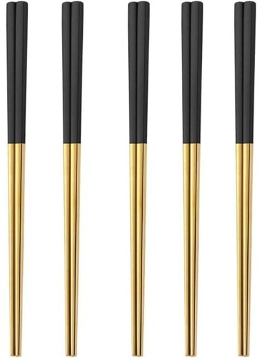 5 Pairs Stainless Steel Chopsticks Set, 304 Metal Reusable, Square Anti-Slip Design, Dishwasher Safe, Lightweight Korean Japanese Chopsticks for Sushi, Noodles, Hot Pot, 23cm &acirc;&euro;&ldquo; Gold Black