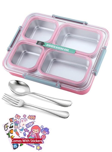 Large Bento Box Stainless Steel Lunch Box with 4 Compartments Reusable Lunch Food Container Set Meal Prep Containers for Adults Comes with Tableware and Cartoon Stickers (Pink 4 Compartment)