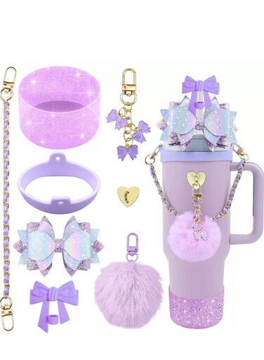 Stanley Cup Accessories for 40oz and 30oz Tumbler including Silicone Cute Bow Straw Topper Cover,Silicone Stanley Cup Boot,Leather Water Bottle Handle Strap, Charms,Purple.