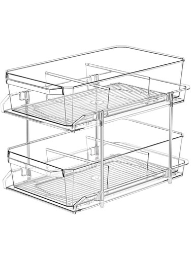 2 Tier Clear Organizer with Dividers for Cabinet/Counter, MultiUse Slide-Out Storage Container - Kitchen, Pantry, Medicine Cabinet Storage Bins - Bathroom, Vanity Makeup, Under Sink Organizing Tray