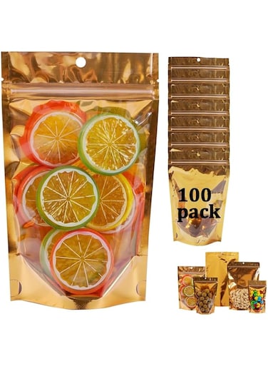 NALACAL Aluminum Foil Bags for Food Storage with Window Hang Hole, Resealable Mylar Bag Stand Up Pouch with Zipper Lock, Food Packaging Heat Seal Bags for Small Business Home Gold 10 * 18 100 Pcs