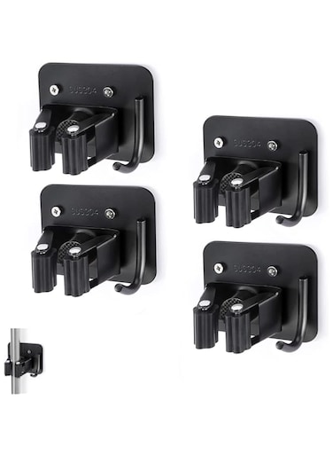 4PCS Stainless Steel Broom Holder with Hooks - Heavy Duty, Rust-Resistant, Space-Saving Organization for Garage or Utility Room - Easy Install, Durable Black Finish