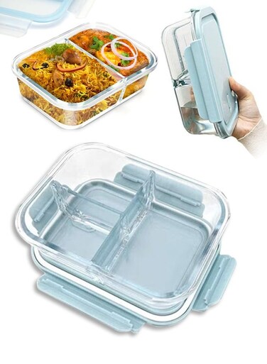 Microwave Heating Lunch Box,High Borosilicate Glass Bowls,3 Compartment with Lids,Airtight Lunch Containers for Microwave, Oven, Freezer and Dishwasher 960ml