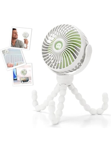 Idrese Handheld Personal Portable Fan, Baby Stroller Fan, Car Seat Fan, USB or Battery Powered, with Flexible Tripod Clip on Student Bed Desk Bike Crib Treadmill Camping Traveling(White)