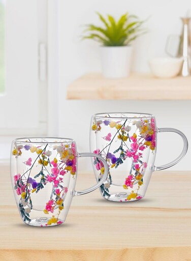 Set of 2- 350ML Borosilicate Double Wall Coffee Tea Cup with Handle and Real Dried Flowers Inside