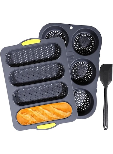 ChicAbode Silicone Hamburger Bun Mold,Set of 3 Silicone Baguette Pan with Spatula Nonstick 4 Wave Baguette Baking Tray 6 Cup Hamburger Bun Mold Bread Pans for Homemade Bread Loaf Sandwich