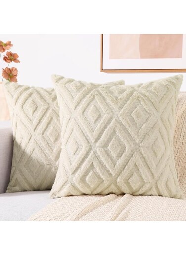 Set of 2 Decorative Throw Pillow Covers 16x16 Inch - Soft Plush Faux Wool Cushion Covers for Bed, Sofa, Living Room (Beige)