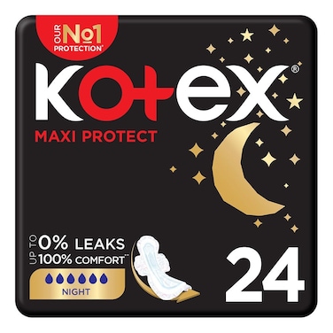 Kotex Maxi Protect Thick Sanitary Pads With Wings For Overnight Protection, Pack of 24's
