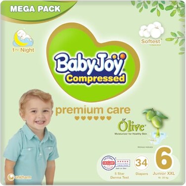 BabyJoy Olive Tape Diaper, Size 6, Junior Xxl, 16-25kg, Mega Pack, 34 Diapers