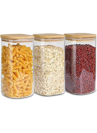 HOOJO Airtight Glass Storage Canister with Wood Lid (50oz), Clear Food Storage Container Jar with Sealing Bamboo Lid for Noodles Flour Cereal Rice Sugar Tea Coffee Beans, Set of 3