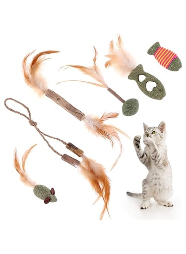 SYOSI Kitten Teething Toys, 6 Pack Natural Silvervine Chew Sticks, Feather/Mouse/Fish Catnip Toys for Cats, Kitten Chew Toy Teething, for Cats Play and Relax, Cat Toy Teeth Cleaning Stick