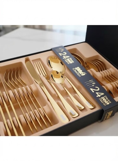 Creation YAH Luxury 24-Piece Golden Stainless Steel Classic Cutlery Set &acirc;&euro;&ldquo; Mirror-Polished Flatware for Six &acirc;&euro;&ldquo; World-Class Quality, Ergonomic Design, and Dishwasher-Safe Dinnerware in a Unique Gift Box.