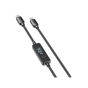 Powerology 240W USB-C to USB-C Cable with TFT Display, PD 3.1 Fast Charging, Advanced E-Marker Chip, 1.2m Cable Length, Durable Zink Alloy Shell - Black