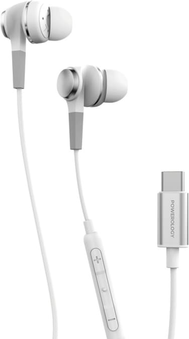 Powerology Stereo Earphones Type-C Connector, 1.2M Wire Length, 11mm Powerful Driver, White