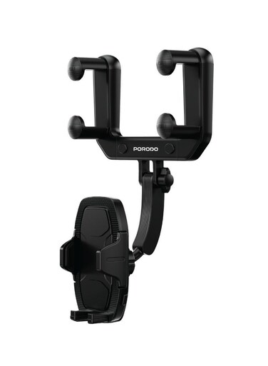 Porodo Rearview Mirror Phone Holder &ndash; Adjustable Bracket Car Mount with 360&deg; Rotation, Secure Grip, Hands-Free Viewing, Universal Smartphone Compatibility &ndash; Black