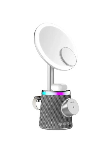 Makeup Mirror Wireless Charger &amp; Speaker with RGB Lights - 3-in-1 Bluetooth, Wireless Charging, and LED Mirror
