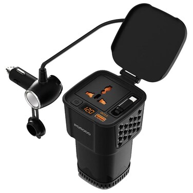 Porodo DriveStation 200W Car Power Inverter, DC 12V to AC 220V Converter with USB-C PD 30W, USB-A QC 18W, Retractable Type-C Cable, LED Display, Portable Car Charger