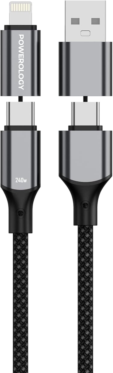 Powerology 4-in-1 Braided 1M Type-C Cable, PD 240W, USB-C + USB-A + Lightning Heads, High-Speed Charging, 480Mbps Data Transfer, Aluminum Shell, Compatible with iPhone 17/16/15/14, S25/S24/S23 - Black