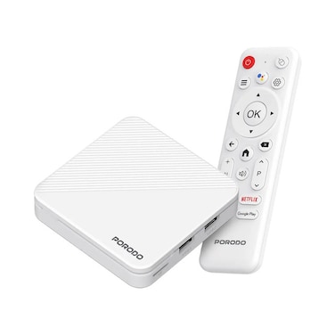 Porodo Echobox Android TV Box with 4K Ultra HD Streaming, Android OS, Wi-Fi Connectivity, Smart TV Media Player, Voice Control Support, High-Speed Performance, Easy Plug & Play Setup, White