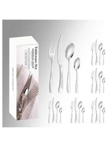 24 Piece Cutlery Set,Food-grade Stainless Steel Flatware Set for 6 Persons,Modern Design &amp; Mirror Polished Cutlery Set,Eating Utensil Set Include Fork Knife Spoon Set,Dishwasher Safe (Silver)