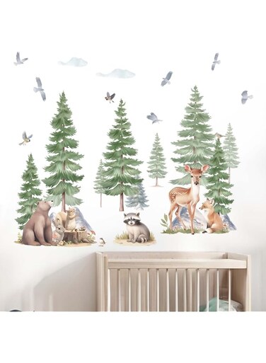 Amimagen Large Pine Tree Forest Animal Wall Stickers - Mountain Tree Bear Fox Rabbit Wall Decals - Baby Nursery Kids Girls Boys Room Daycare Playroom Classroom Wall Decor