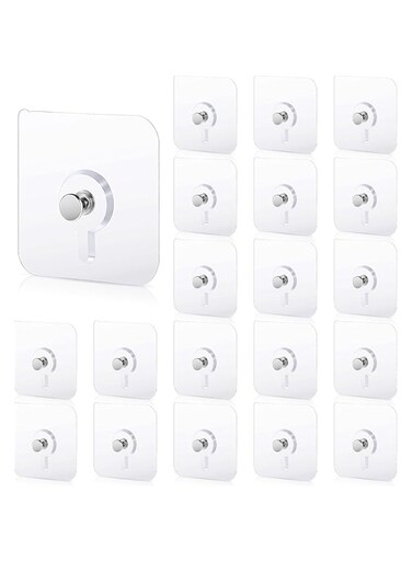 20 PCS Reusable Adhesive Wall Hooks 15bs(Max),Adhesive Hooks Heavy Duty, Wall Hooks for Hanging, Transparent, Waterproof and Oilproof For Bathroom Kitchen Heavy Duty (2.75 * 2.75 inch)