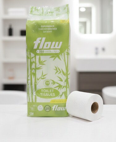 Flow Premium Toilet Tissues - 250 Sheets, 2 Ply - Soft &amp; Highly Absorbent Bamboo Print White Bath Tissue Roll (Pack of 10)