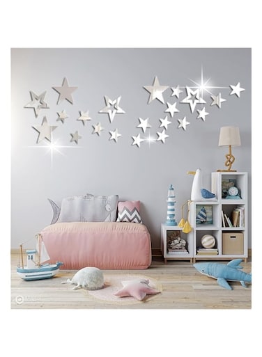 HBSTUDIO Stars Acrylic Mirror Wall Stickers,4Sizes Stars Stickers with Adhesive Art Decal 3D Wall Decorations for Baby Kids Bedroom Home DIY Decor (19pcs,Silver Stars)