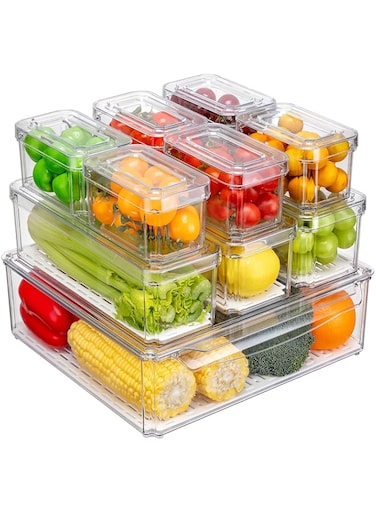 Pure Future Set of 10 Refrigerator Organizer Bins Stackable with Lids, Fridge Organizers and Storage Clear, BPA-Free, Fridge Storage Containers for Fruits &amp; Vegetables