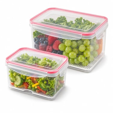 BLACKSTONE Rectangular Plastic Fridge Storage Container Set of 2 for Fruits and Vegetables with Removable Strainer Trays, 3.2L and 4.7L
