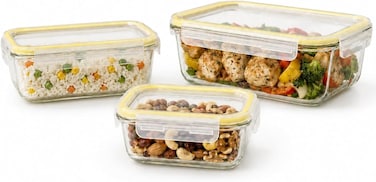BLACKSTONE Rectangular Glass Food Storage Container Set, 3 Pieces with Airtight Locking Lids, 385ml, 1.22L and 1.97L, for Meal Prep and Leftovers