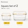 BLACKSTONE Square Tempered Glass Food Storage Container Set, 2 Pieces with Airtight Locking Lids, 380ml and 1.22L, for Meal Prep and Leftovers