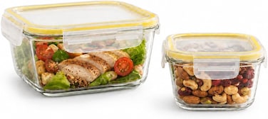 BLACKSTONE Square Tempered Glass Food Storage Container Set, 2 Pieces with Airtight Locking Lids, 380ml and 1.22L, for Meal Prep and Leftovers