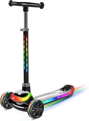 LIT Firefly 3-Wheel Kick Scooter for Kids, Light-Up Wheels &amp; Foldable Frame, Adjustable Handlebar, Lean-to-Steer System for Safe Turning, Stable Ride for Ages 3+, Bright Color Design, LT‑7007