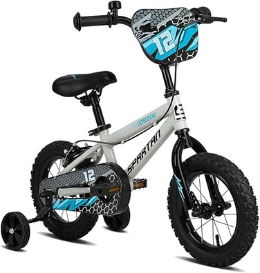 دراجة سبارتان ثاندر للأطفال بعجلات مساعدة - إطار فولاذي، مقعد ومقود قابلان للتعديل، واقي خلفي من الطين - أول دراجة للأولاد والبنات - لون رمادي أنيق برسومات جريئة