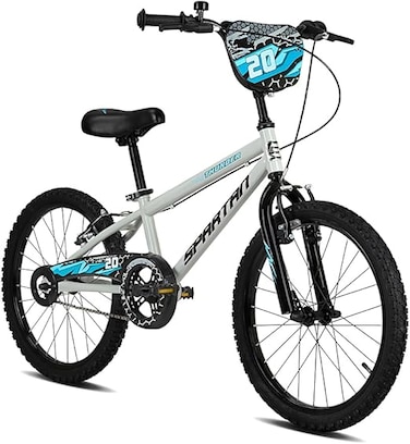 دراجة سبارتان ثاندر للأطفال بعجلات مساعدة - إطار فولاذي، مقعد ومقود قابلان للتعديل، واقي خلفي من الطين - أول دراجة للأولاد والبنات - لون رمادي أنيق برسومات جريئة