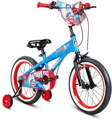 دراجة سبارتان سوبر هيرو دي سي للأطفال - رسومات رسمية لأبطال دي سي الخارقين، إطار فولاذي متين، عجلات تدريب، فرامل آمنة للأطفال، مقعد قابل للفك السريع، واقي سلسلة وإطارات هوائية