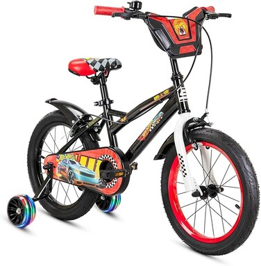 دراجة أطفال سبارتان ماتيل هوت ويلز مرخصة للأولاد، مزودة بعجلات تدريب، ومقعد قابل للتعديل سريع الفك، ومقابض فرامل مانعة للقرص، وفرامل خلفية من نوع الفرجار، وإطارات هوائية.