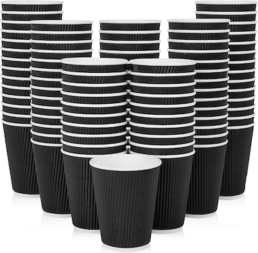 [Set of 50] [12 Oz] Black Disposable Coffee &amp; Tea Cups - Hot Beverage Corrugated Tripple Wall Disposable Paper Cups - Eco-Friendly