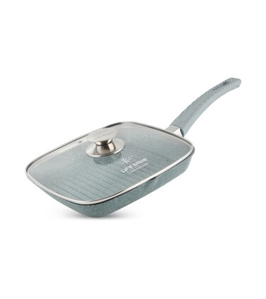 LIFE SMILE grill pan Non-stick Granite Coating with lid   Oven Safe   versatile grilling pan with drop opening, Skillet large surface,100% PFOA free (Green, 28 CM Fixed Handle)