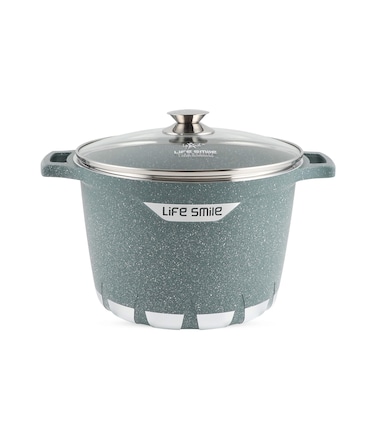 LIFE SMILE Stock Pot   Granite Deep Cooking Pot With Glass Lid   100% PFOA Free, Fixed Handle   Multi Layer Non-Stick Granite Coating   oven safe &amp; Scratch Resistant (Cyan, 24CM (6.8 Liters))