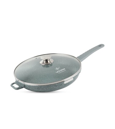 LIFE SMILE Frying Pan Big Size With Lid - Multi Layer Granite Coating Fry Pan   100% PFOA FREE   Heat-Resistant Handle Hanging Loop   Induction Base (Green, 32 CM (4 Liters))